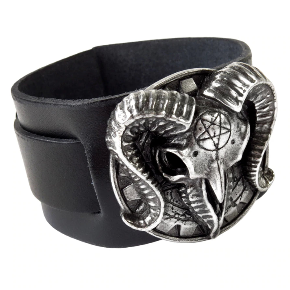 Gears of Aiwass Wrist Strap Ram Skull Black Leather Bracelet by Alchemy Gothic