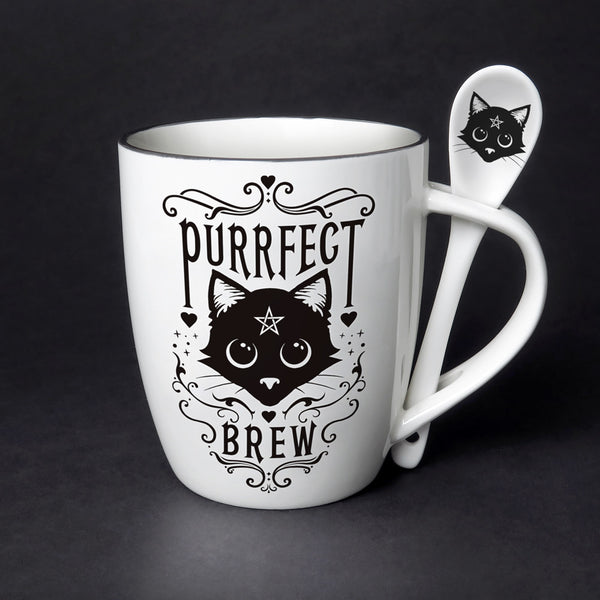 Purrfect Brew Cup Black Cat Mug and Spoon Set by Alchemy Gothic