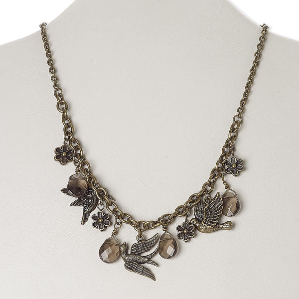 Vintage Antiqued Brass Bird Charms and Crystal Necklace