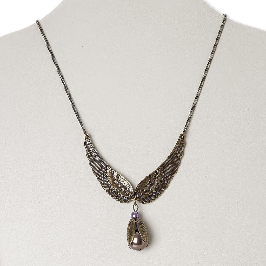 Vintage Antiqued Brass Bird Wings and Pearl Necklace