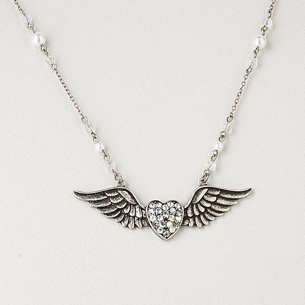 Heart with Wings Pendant on Extra Long Crystal Necklace Chain