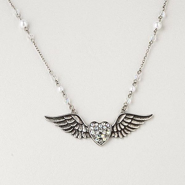 Heart with Wings Pendant on Extra Long Crystal Necklace Chain