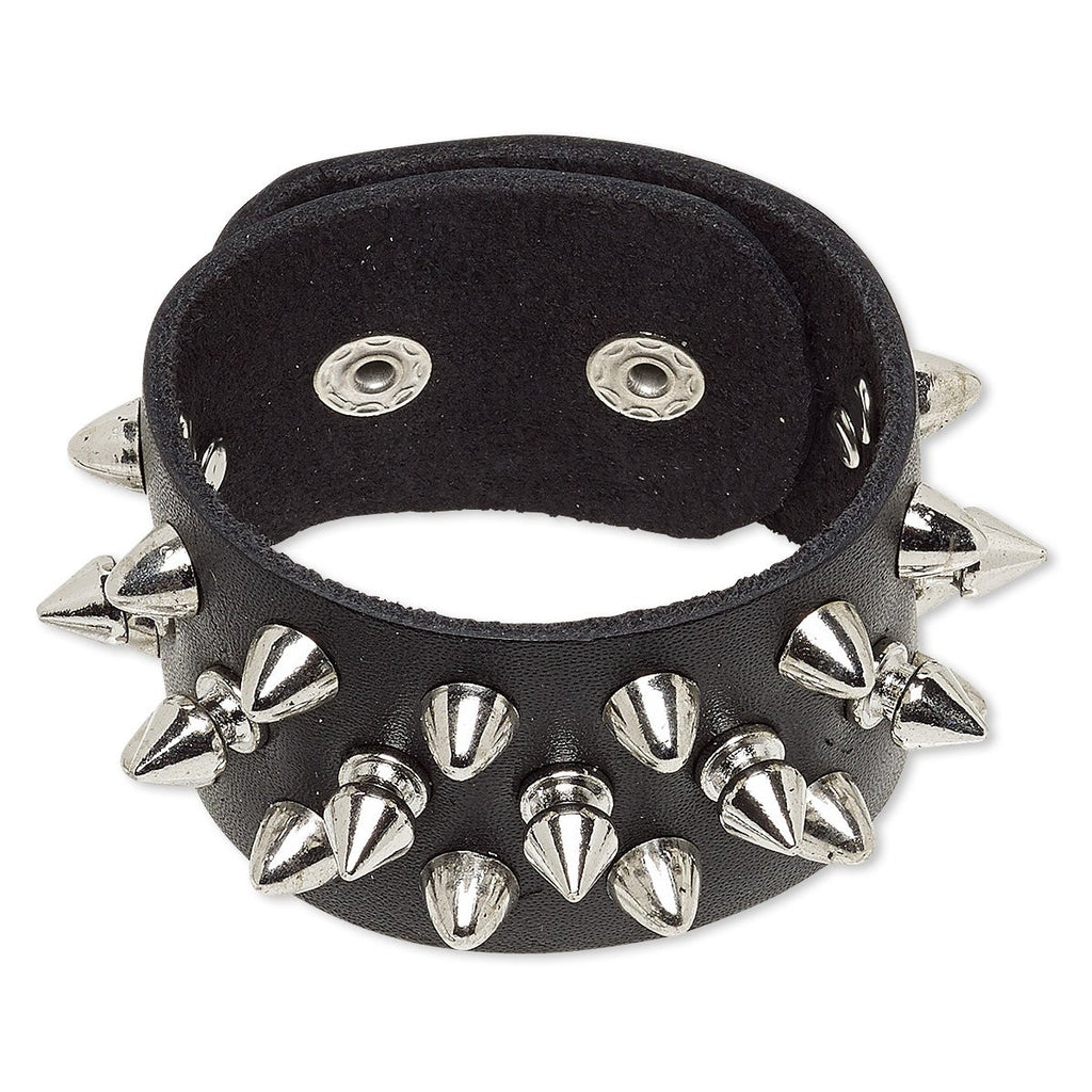 Punk Steel Spiked Black Leather Mens Bracelet