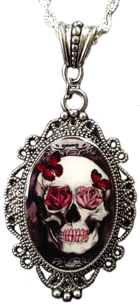 Alkemie Skull with Roses and Butterflies Cameo Pendant Necklace