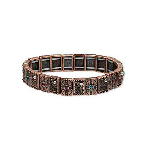 Antiqued Copper-plated Tile Stretch Bracelet with Crystal Rhinestones