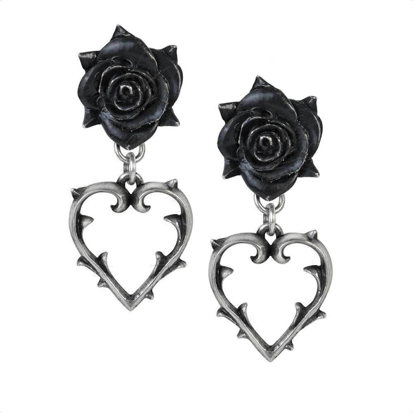 Wounded Love Earrings with Thorny Hearts and Gothic Black Roses