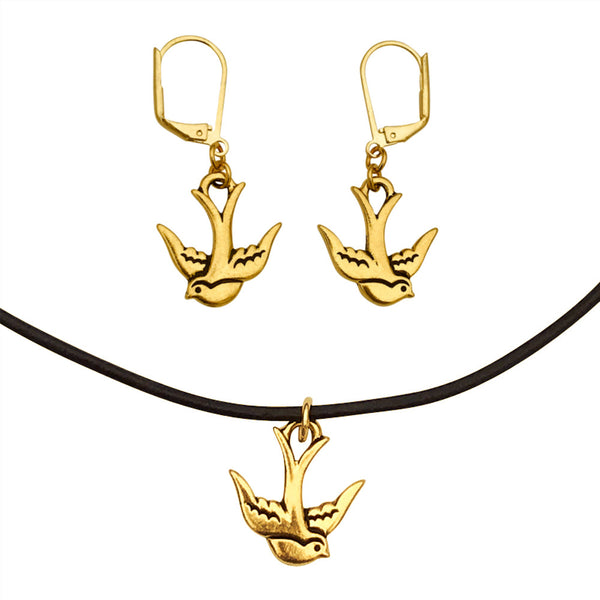 DragonWeave Swallow Bird Charm Necklace and Earring Set, Gold Plated Black Leather Choker and Leverback Earrings