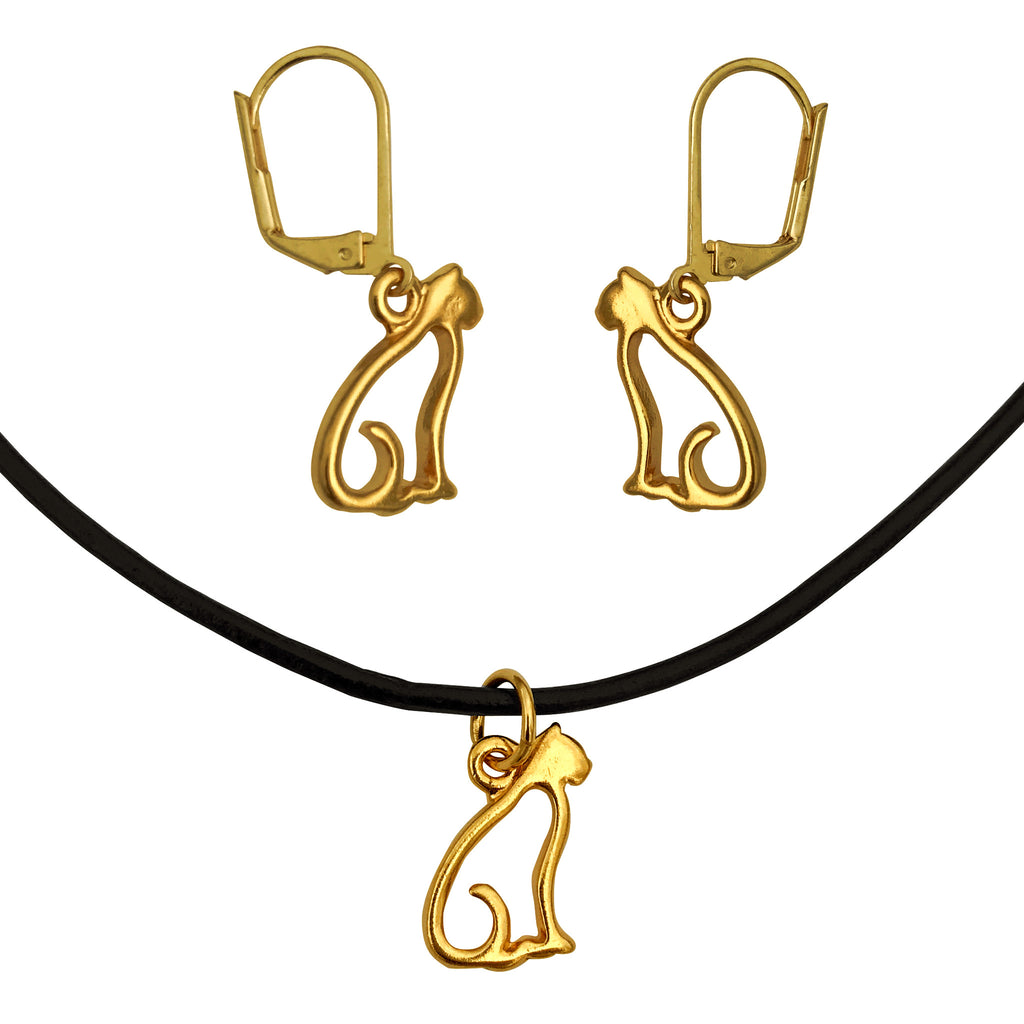 DragonWeave Cat Charm Necklace and Earring Set, Gold Plated Black Leather Choker and Leverback Earrings