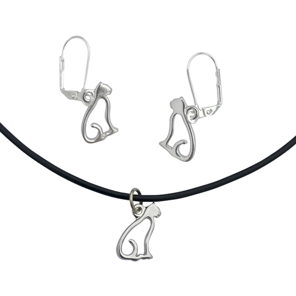 DragonWeave Cat Charm Necklace and Earring Set, Silver Black Leather Choker and Leverback Earrings