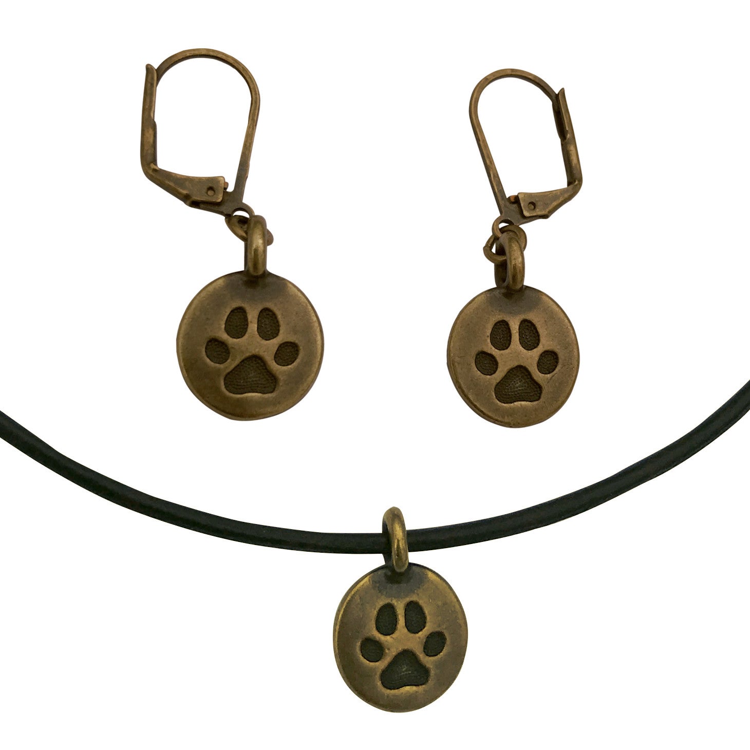 DragonWeave Paw Circle Charm Necklace and Earring Set, Antique Brass B