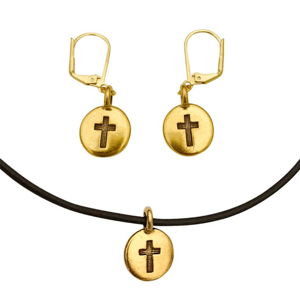 DragonWeave Cross Circle Charm Necklace and Earring Set, Gold Plated Black Leather Choker and Leverback Earrings