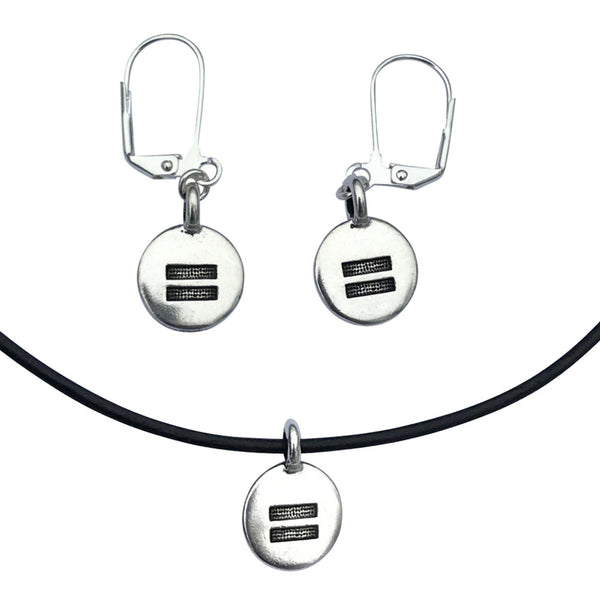 DragonWeave Equality Circle Charm Necklace and Earring Set, Silver Plated Black Leather Choker and Leverback Earrings