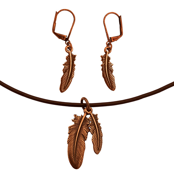 DragonWeave Feather Charm Necklace and Earring Set, Antique Copper Brown Leather Choker and Leverback Earrings