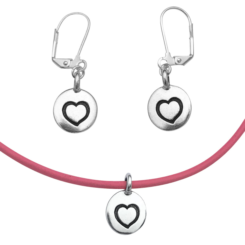 DragonWeave Heart Circle Charm Necklace and Earring Set, Silver Plated Pink Leather Choker and Leverback Earrings