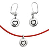 DragonWeave Heart Circle Charm Necklace and Earring Set, Silver Plated Red Leather Choker and Leverback Earrings