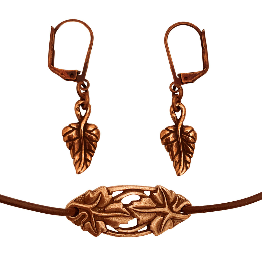 DragonWeave Elven Ivy Charm Necklace and Earring Set, Antique Copper Brown Leather Choker and Leverback Earrings