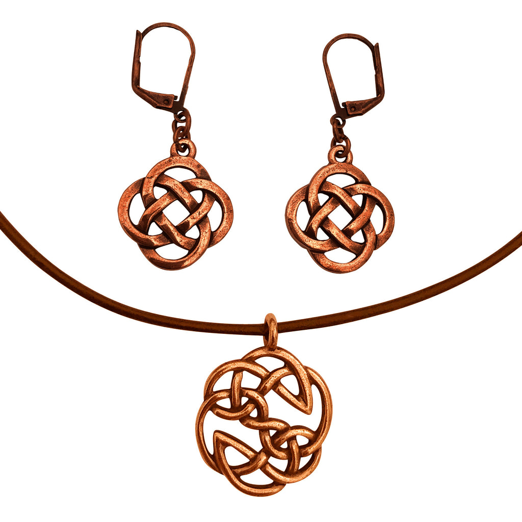 DragonWeave Celtic Open Knot Charm Necklace and Earring Set, Antique Copper Brown Leather Choker and Leverback Earrings