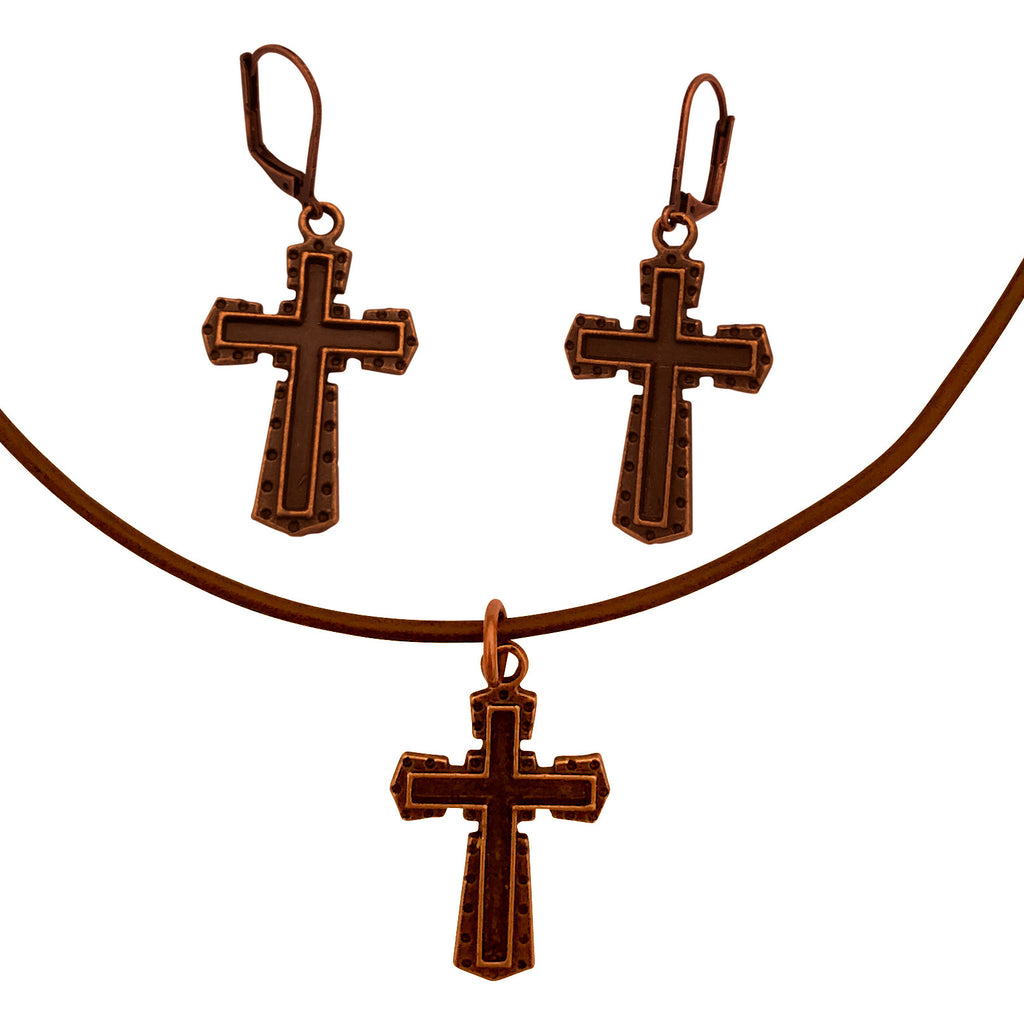 DragonWeave Dark Cross Charm Necklace and Earring Set, Antique Copper Brown Leather Choker and Leverback Earrings