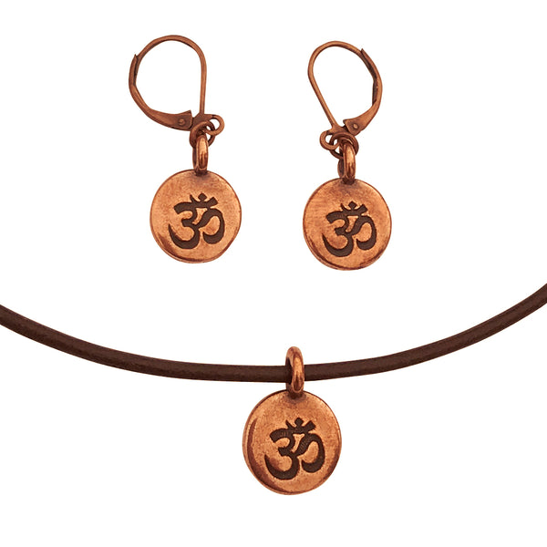 DragonWeave Om/Ohm Symbol Circle Charm Necklace and Earring Set, Antique Copper Brown Leather Choker and Leverback Earrings