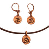 DragonWeave Om/Ohm Symbol Circle Charm Necklace and Earring Set, Antique Copper Brown Leather Choker and Leverback Earrings