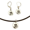 DragonWeave Om/Ohm Symbol Circle Charm Necklace and Earring Set, Silver Plated Black Leather Choker and Leverback Earrings