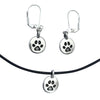 DragonWeave Paw Circle Charm Necklace and Earring Set, Silver Plated Black Leather Choker and Leverback Earrings