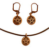 DragonWeave Pentagram Circle Charm Necklace and Earring Set, Antique Copper Brown Leather Choker and Leverback Earrings