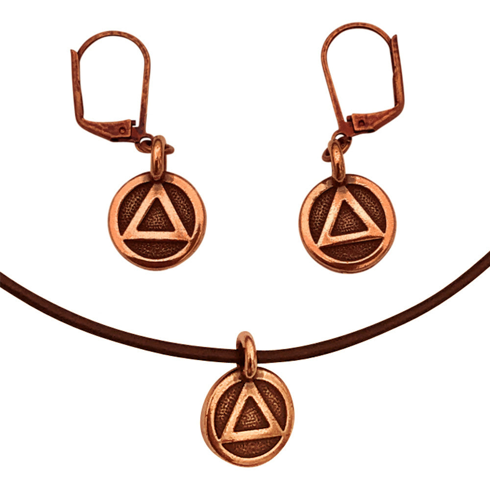 DragonWeave Recovery Triangle Circle Charm Necklace and Earring Set, Antique Copper Brown Leather Choker and Leverback Earrings