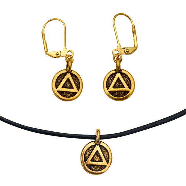 DragonWeave Recovery Triangle Circle Charm Necklace and Earring Set, Gold Plated Black Leather Choker and Leverback Earrings