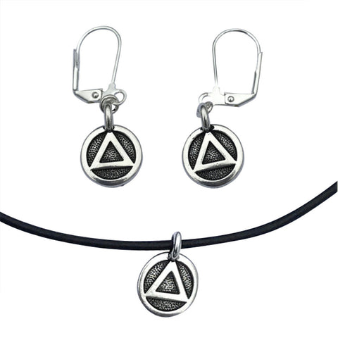 DragonWeave Recovery Triangle Circle Charm Necklace and Earring Set, Silver Plated Black Leather Choker and Leverback Earrings