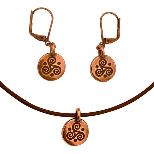 DragonWeave Celtic Triskele Circle Charm Necklace and Earring Set, Antique Copper Brown Leather Choker and Leverback Earrings