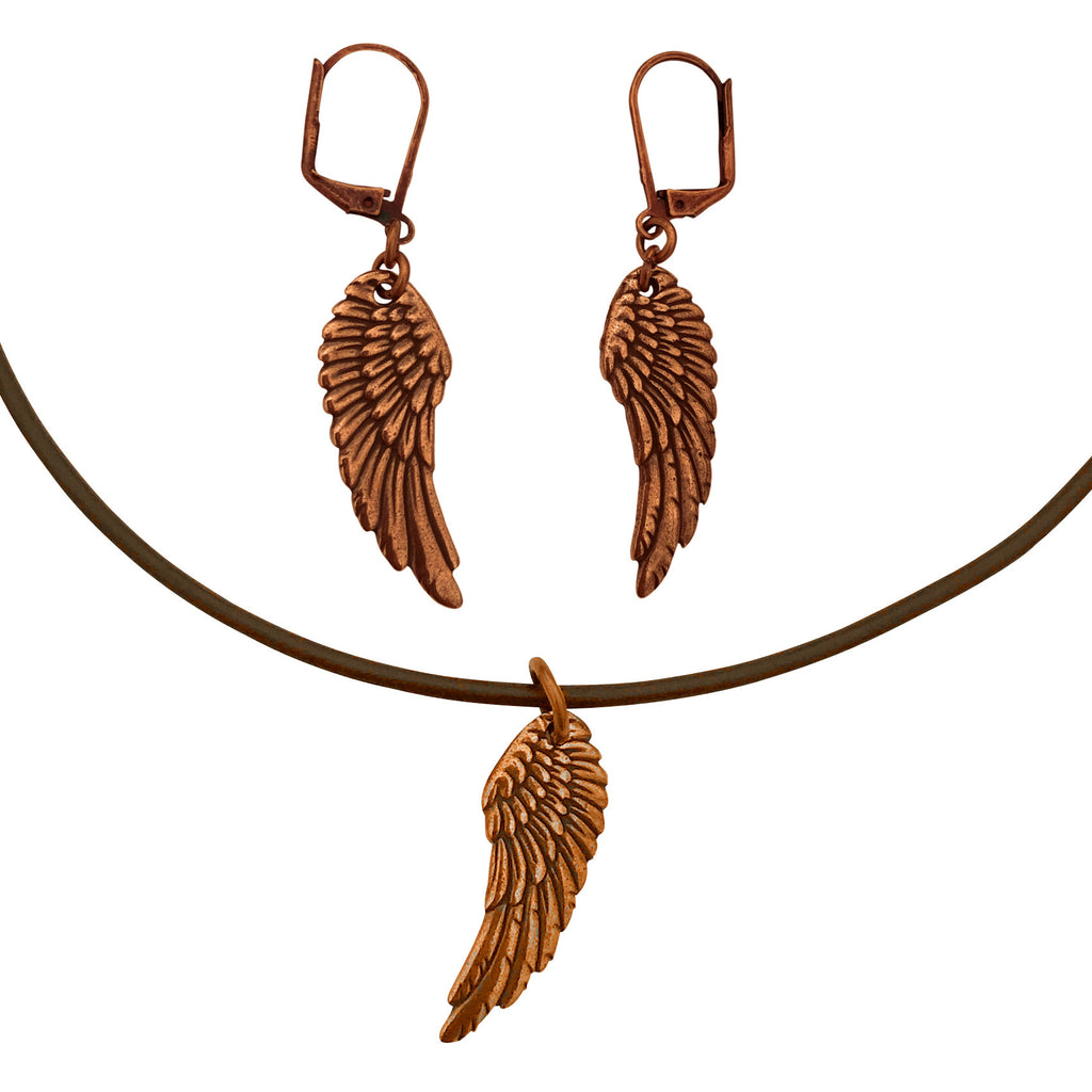 DragonWeave Wing Charm Necklace and Earring Set, Antique Copper Brown Leather Choker and Leverback Earrings