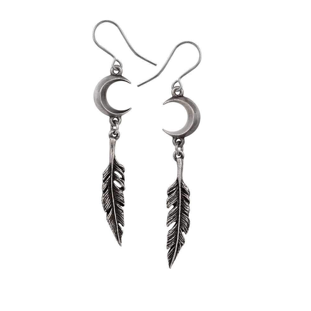 Pagan Dream Catcher Crescent Moon Feather Earrings by Alchemy Gothic