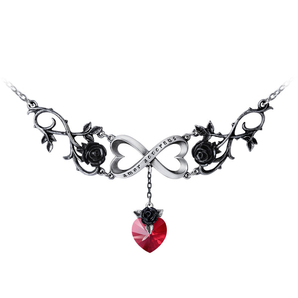 Infinite Love Necklace with Black Roses & Red Crystal Heart, Alchemy Gothic