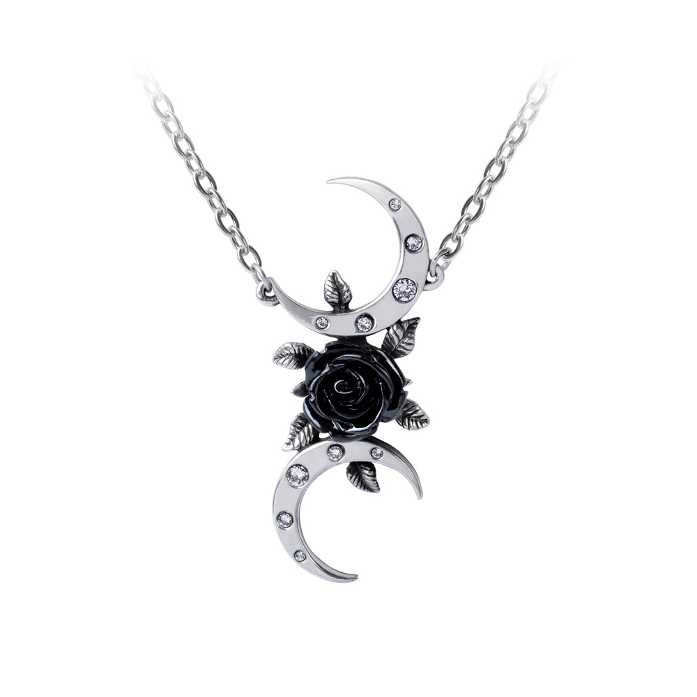 The Black Goddess Necklace Rose & Crescent Moons Pendant by Alchemy Gothic