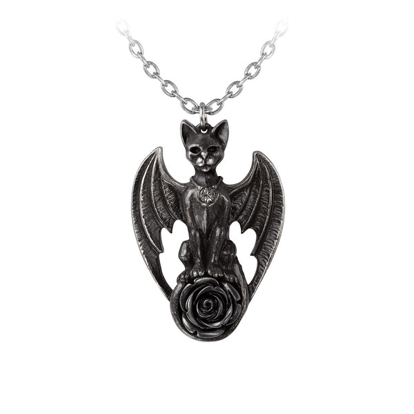Guardian of Soma Pendant Winged Cat Black Rose Necklace by Alchemy Gothic