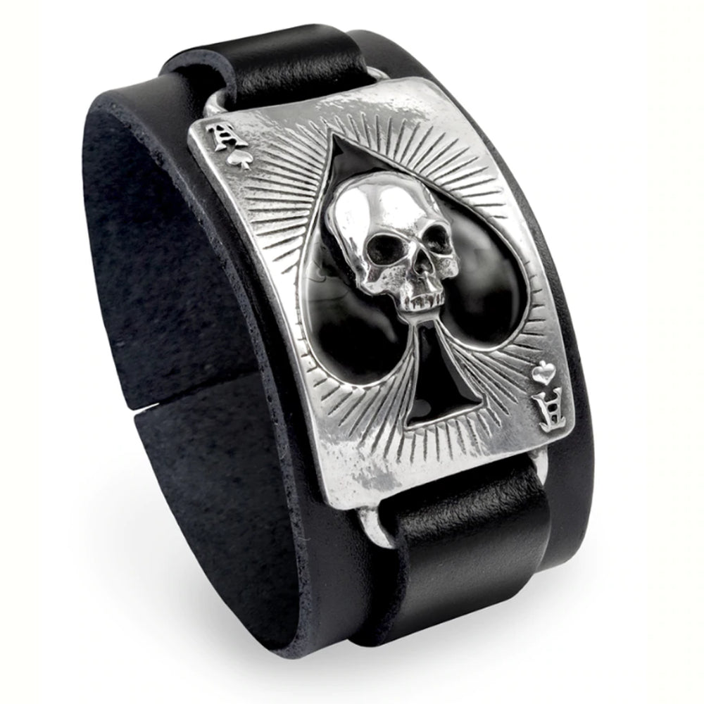 Ace Of Dead Spades Skull Playing Card Mens Leather Bracelet by Alchemy Gothic