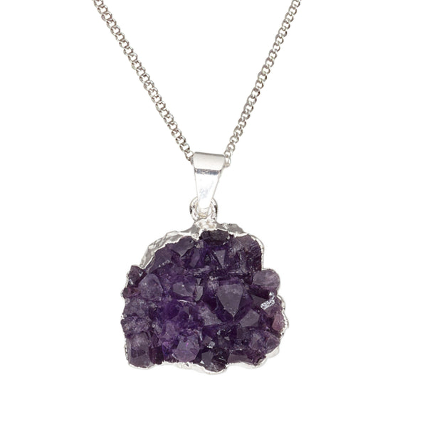 Natural Purple Amethyst Crystal Druzy Hand-cut Freeform Gemstone Silver Plated Pendant Necklace