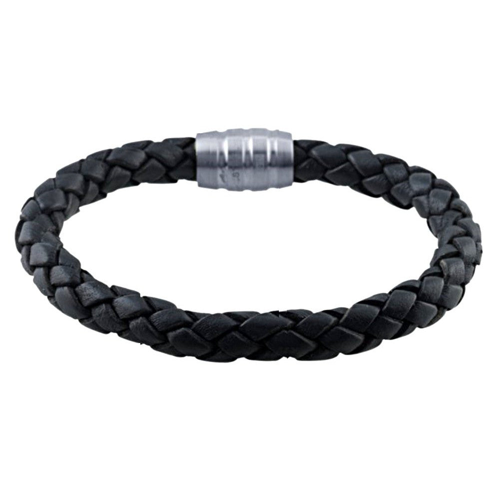Black Leather 7.5mm Braided Cord Mens Bracelet with Steel Magnet Clasp