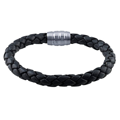 Black Leather 7.5mm Braided Cord Mens Bracelet with Steel Magnetic Clasp