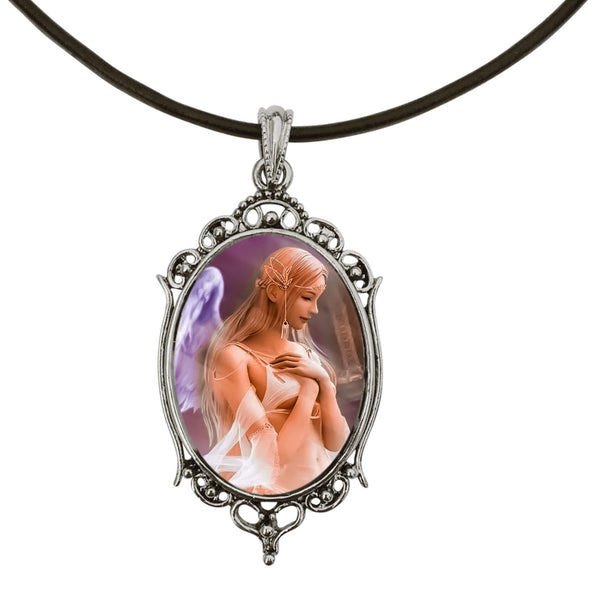 Angel Antique Silver Cameo Pendant on 18" Black Leather Cord Necklace