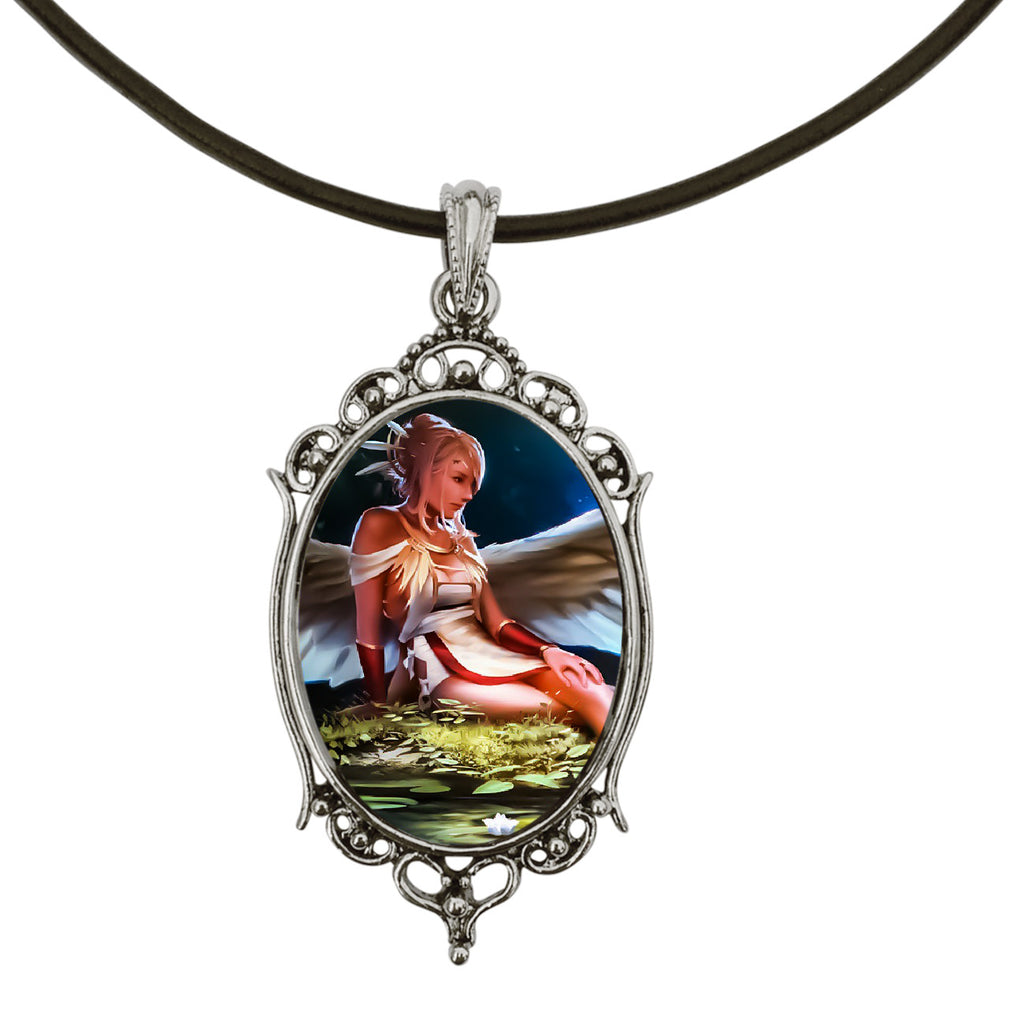 Native/Nature Angel Antique Silver Cameo Pendant on 18" Black Leather Cord Necklace