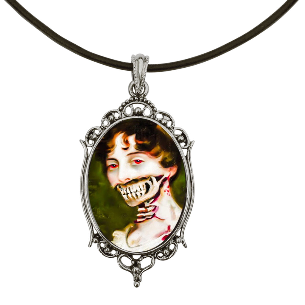 Pride and Prejudice and Zombies Antique Silver Cameo Pendant on 18" Black Leather Cord Necklace