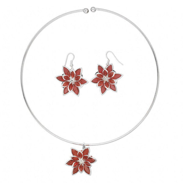 Christmas Holiday Poinsettia Crystal Red Flower Pendant Necklace and Earrings Set