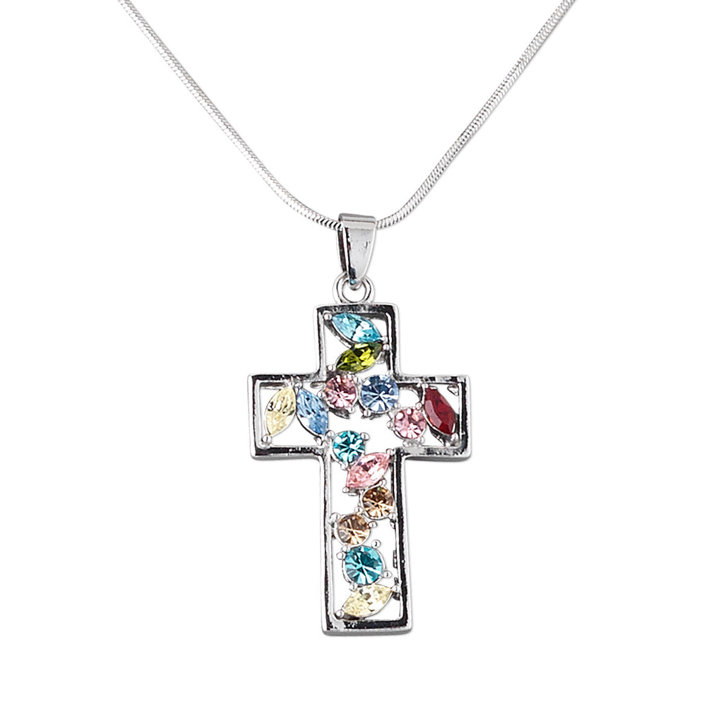 Multicolor Czech Glass Rhinestone Silvertone Cross Pendant on Snake Chain Necklace