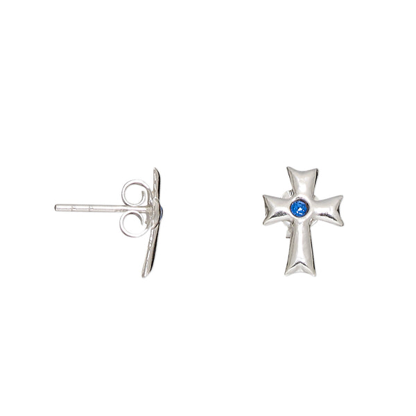 Petite Swarovski Crystal Sapphire Blue Cross Stud Earrings in Sterling Silver