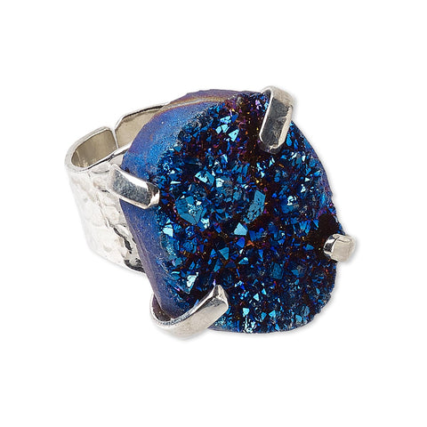 Adjustable Silver Plated Electric Blue Druzy Agate Gemstone Fashion Cocktail Ring