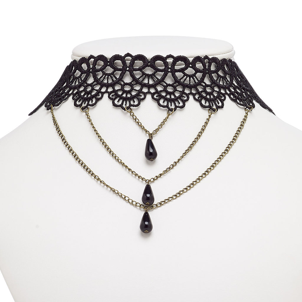 Black Lace Triple Teardrop Lolita Gothic Bead Pendant Choker - 16" with 2" Extender