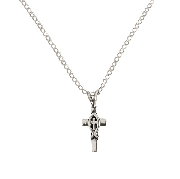 Ichthus/Ichthys Jesus Fish Cross Charm Pendant Necklace, Adjustable Sterling Silver