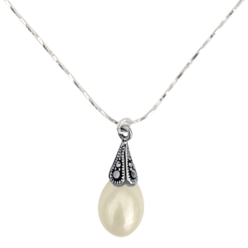 Antiqued Sterling Silver Marcasite Freshwater Pearl Pendant Delicate Chain Necklace, 18"